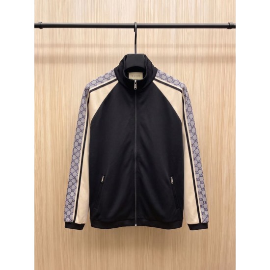 GUCCI グッチ 暗紋GGロゴ ジャカード パイソン調スリーブ 切替 スタンドカラー トラックジャケット ジップアップ ブルゾン ブラック 男女兼用