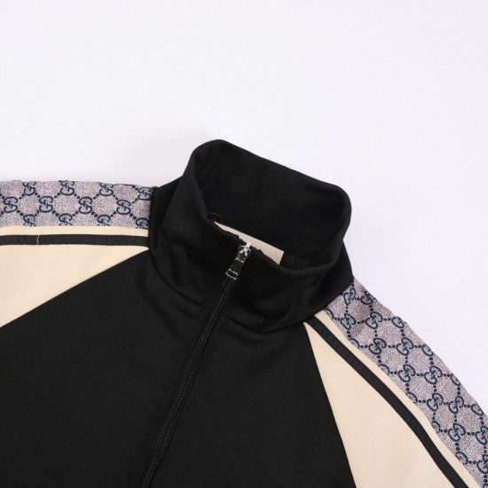 GUCCI グッチ 暗紋GGロゴ ジャカード パイソン調スリーブ 切替 スタンドカラー トラックジャケット ジップアップ ブルゾン ブラック 男女兼用