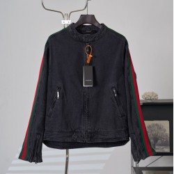 GUCCI グッチ ウォッシュド デニムジャケット ジップアップ ブルゾン スタンドカラー 赤緑ウェビングライン ブラック メンズ