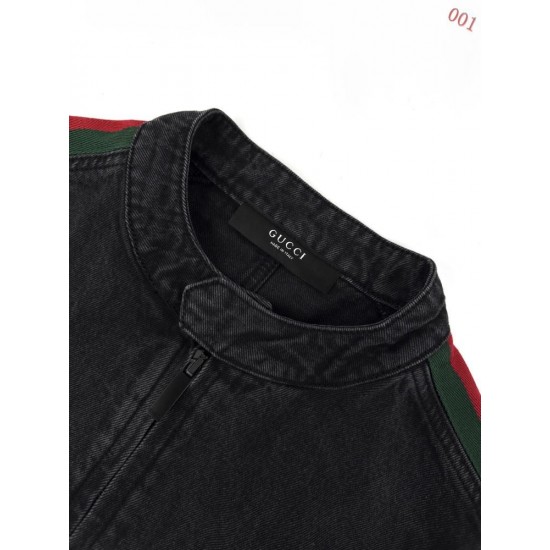 GUCCI グッチ ウォッシュド デニムジャケット ジップアップ ブルゾン スタンドカラー 赤緑ウェビングライン ブラック メンズ