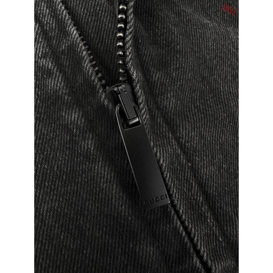 GUCCI グッチ ウォッシュド デニムジャケット ジップアップ ブルゾン スタンドカラー 赤緑ウェビングライン ブラック メンズ
