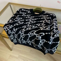 GUCCI グッチ 2026早春新作 ウェーブGG モノグラム 鹿の子編み クルーネック ニットセーター プルオーバー ブラック×ホワイト 男女兼用