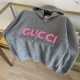 GUCCI グッチ フロントロゴ 刺繍 ニットフーディー パーカー グレー × ピンク ウールブレンド 男女兼用 肖戦同款