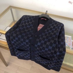 GUCCI グッチ ダブルフェイス ウール モノグラム GG総柄 Vネック カーディガン ニットセーター ダークネイビー 男女兼用