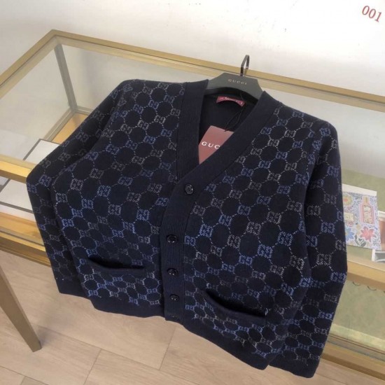 GUCCI グッチ ダブルフェイス ウール モノグラム GG総柄 Vネック カーディガン ニットセーター ダークネイビー 男女兼用