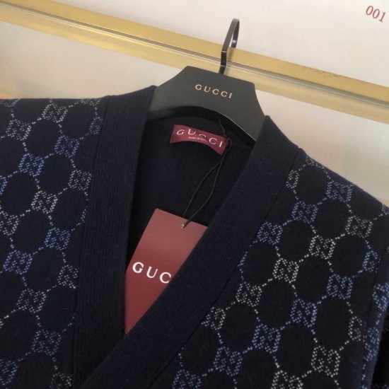 GUCCI グッチ ダブルフェイス ウール モノグラム GG総柄 Vネック カーディガン ニットセーター ダークネイビー 男女兼用