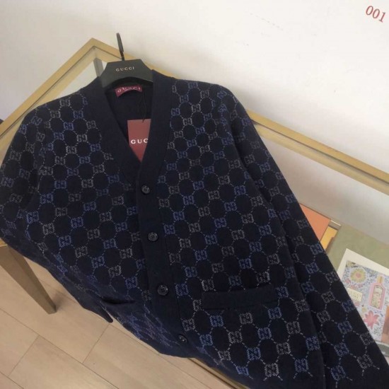 GUCCI グッチ ダブルフェイス ウール モノグラム GG総柄 Vネック カーディガン ニットセーター ダークネイビー 男女兼用