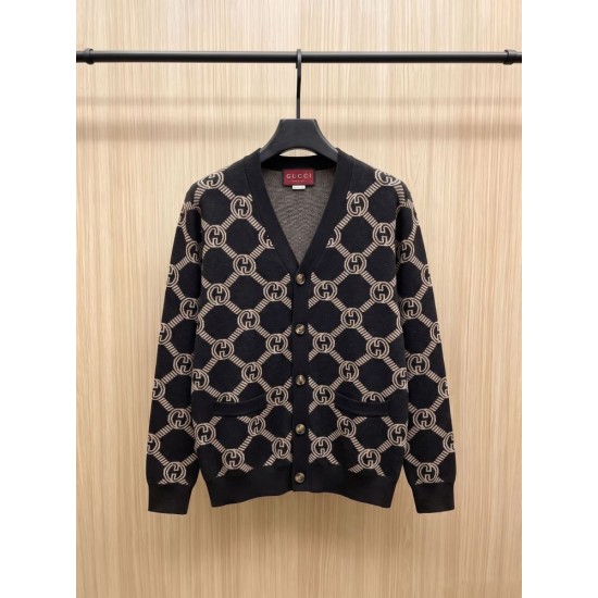 GUCCI グッチ モヘア ウール混紡 モノグラム GG総柄 Vネック カーディガン ニットセーター ブラック×ベージュ 男女兼用