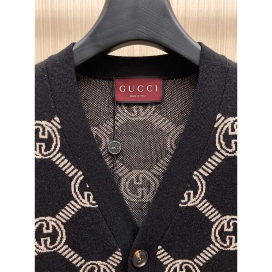 GUCCI グッチ モヘア ウール混紡 モノグラム GG総柄 Vネック カーディガン ニットセーター ブラック×ベージュ 男女兼用
