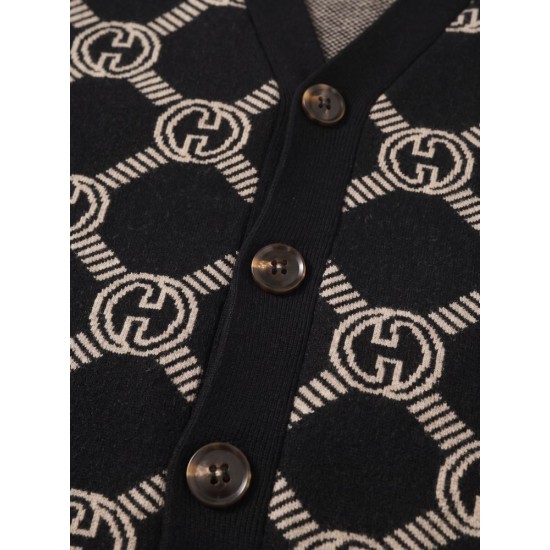GUCCI グッチ モヘア ウール混紡 モノグラム GG総柄 Vネック カーディガン ニットセーター ブラック×ベージュ 男女兼用