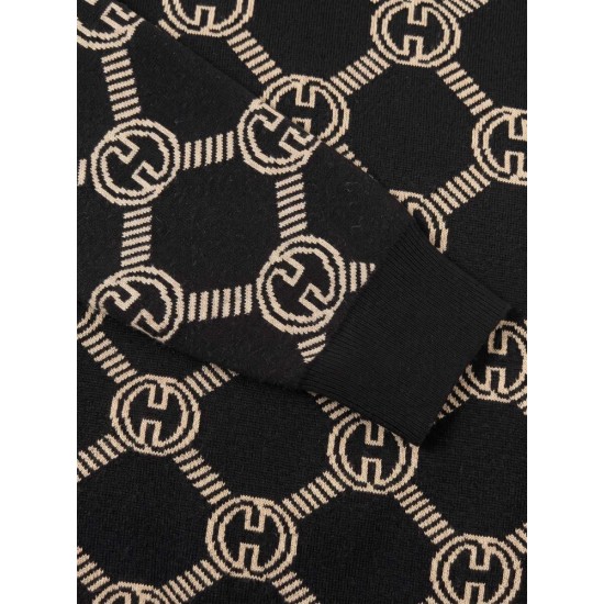 GUCCI グッチ モヘア ウール混紡 モノグラム GG総柄 Vネック カーディガン ニットセーター ブラック×ベージュ 男女兼用