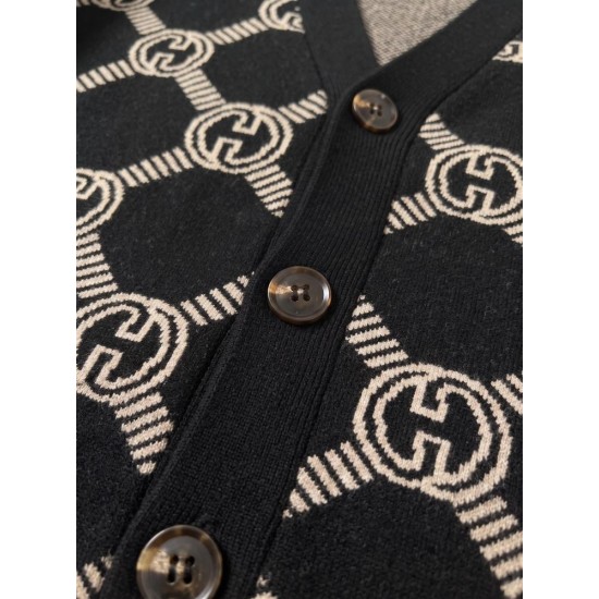 GUCCI グッチ モヘア ウール混紡 モノグラム GG総柄 Vネック カーディガン ニットセーター ブラック×ベージュ 男女兼用