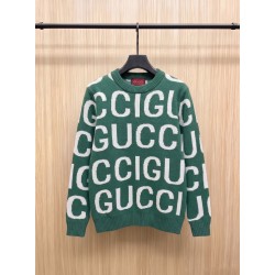 GUCCI グッチ ビッグロゴ ジャカード総柄 クルーネック ニットセーター プルオーバー グリーン×ホワイト 男女兼用