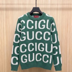 GUCCI グッチ ビッグロゴ ジャカード総柄 クルーネック ニットセーター プルオーバー グリーン×ホワイト 男女兼用
