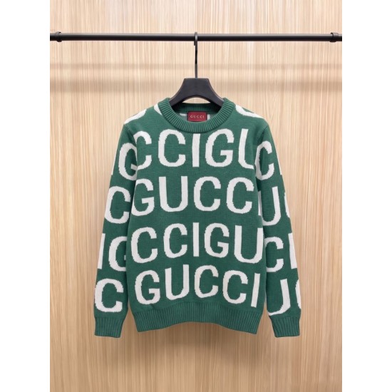 GUCCI グッチ ビッグロゴ ジャカード総柄 クルーネック ニットセーター プルオーバー グリーン×ホワイト 男女兼用