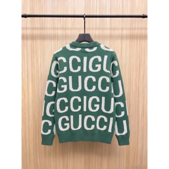 GUCCI グッチ ビッグロゴ ジャカード総柄 クルーネック ニットセーター プルオーバー グリーン×ホワイト 男女兼用