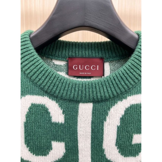 GUCCI グッチ ビッグロゴ ジャカード総柄 クルーネック ニットセーター プルオーバー グリーン×ホワイト 男女兼用