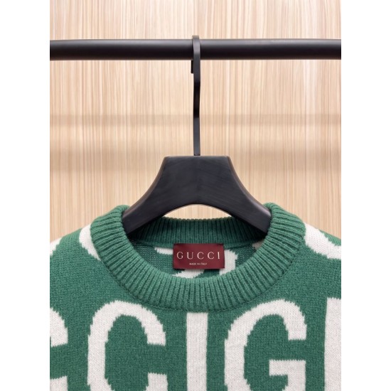 GUCCI グッチ ビッグロゴ ジャカード総柄 クルーネック ニットセーター プルオーバー グリーン×ホワイト 男女兼用