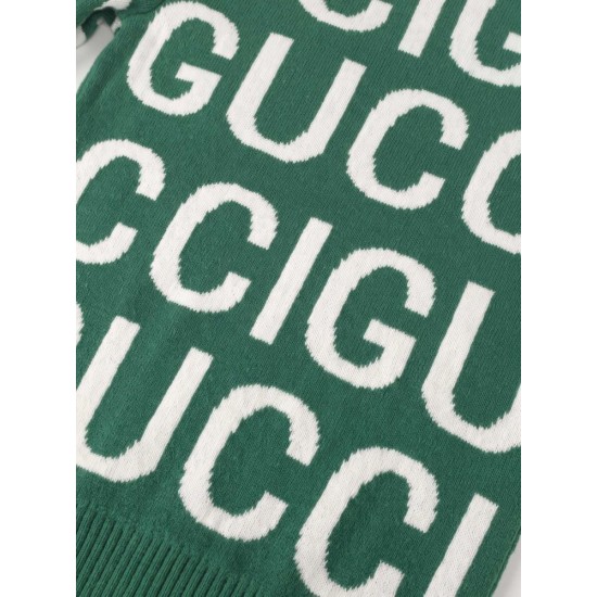 GUCCI グッチ ビッグロゴ ジャカード総柄 クルーネック ニットセーター プルオーバー グリーン×ホワイト 男女兼用