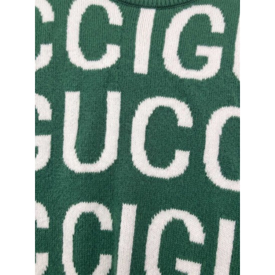 GUCCI グッチ ビッグロゴ ジャカード総柄 クルーネック ニットセーター プルオーバー グリーン×ホワイト 男女兼用