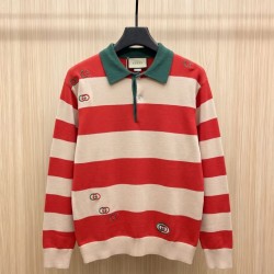 GUCCI グッチ ボーダー ストライプ ポロネック ニットセーター ラガーシャツ レッド×ベージュ 男女兼用