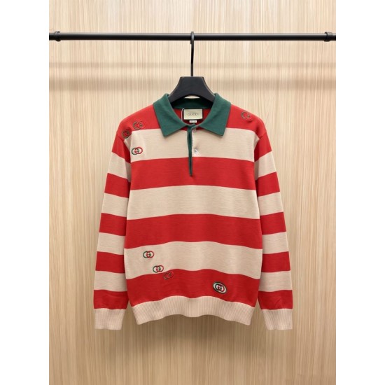 GUCCI グッチ ボーダー ストライプ ポロネック ニットセーター ラガーシャツ レッド×ベージュ 男女兼用