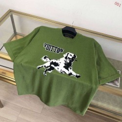 ルイ・ヴィトン 猟犬モチーフ 撞色嵌花 コットン クルーネック 半袖Tシャツ カットソー 緑 メンズ レディース