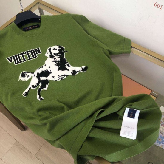 ルイ・ヴィトン 猟犬モチーフ 撞色嵌花 コットン クルーネック 半袖Tシャツ カットソー 緑 メンズ レディース