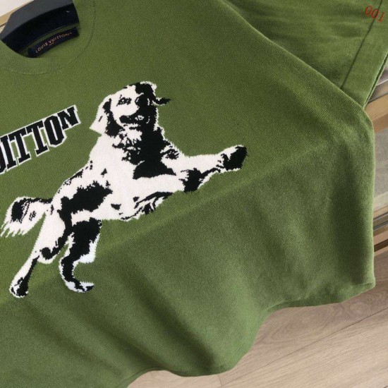 ルイ・ヴィトン 猟犬モチーフ 撞色嵌花 コットン クルーネック 半袖Tシャツ カットソー 緑 メンズ レディース