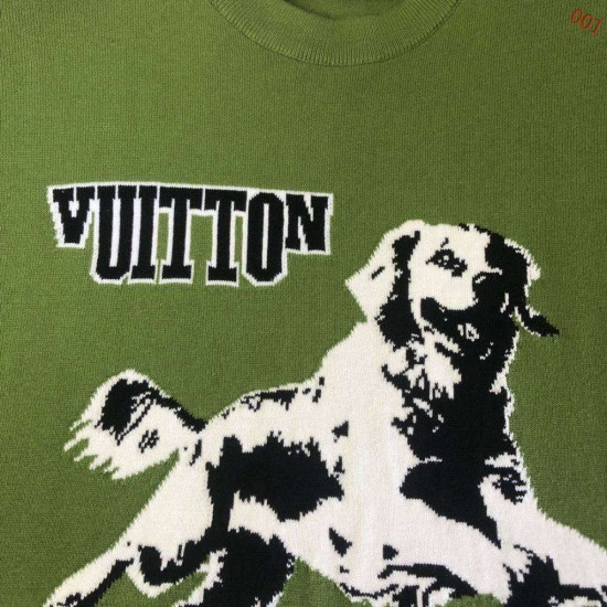 ルイ・ヴィトン 猟犬モチーフ 撞色嵌花 コットン クルーネック 半袖Tシャツ カットソー 緑 メンズ レディース