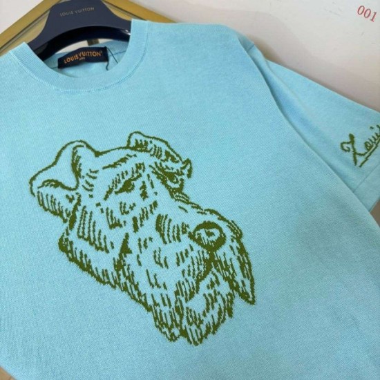 ルイ・ヴィトン タイラー コラボ フォックス・テリア インターシャ ニット半袖Tシャツ 水色 メンズ レディース