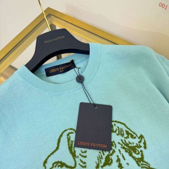 ルイ・ヴィトン タイラー コラボ フォックス・テリア インターシャ ニット半袖Tシャツ 水色 メンズ レディース
