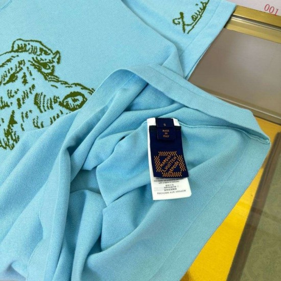 ルイ・ヴィトン タイラー コラボ フォックス・テリア インターシャ ニット半袖Tシャツ 水色 メンズ レディース