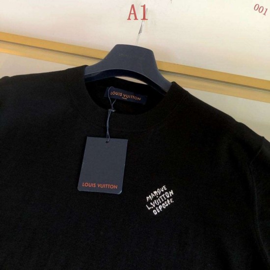 ルイ・ヴィトン 2026SS Marque L.Vuitton ロゴ提花 ニット半袖Tシャツ 黒 白 メンズ レディース