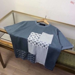 ルイ・ヴィトン 2026SS Monogram 提花切替 ニット半袖Tシャツ ブルー 灰色 メンズ レディース