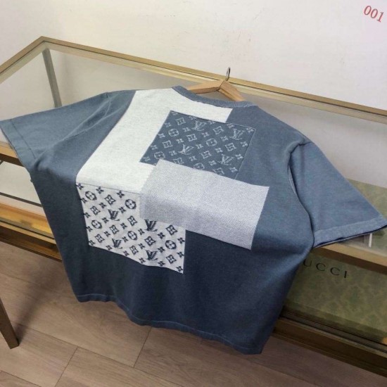 ルイ・ヴィトン 2026SS Monogram 提花切替 ニット半袖Tシャツ ブルー 灰色 メンズ レディース