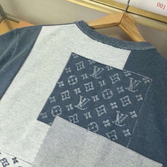 ルイ・ヴィトン 2026SS Monogram 提花切替 ニット半袖Tシャツ ブルー 灰色 メンズ レディース