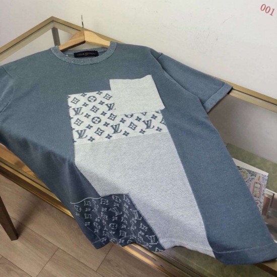 ルイ・ヴィトン 2026SS Monogram 提花切替 ニット半袖Tシャツ ブルー 灰色 メンズ レディース