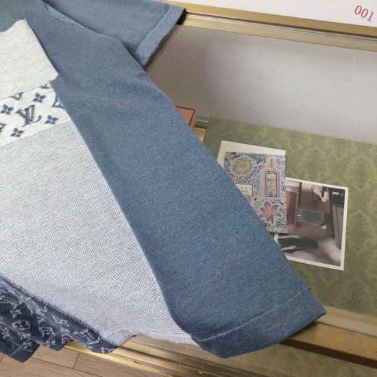 ルイ・ヴィトン 2026SS Monogram 提花切替 ニット半袖Tシャツ ブルー 灰色 メンズ レディース