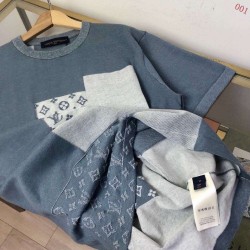 ルイ・ヴィトン 2026SS Monogram 提花切替 ニット半袖Tシャツ ブルー 灰色 メンズ レディース