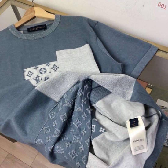 ルイ・ヴィトン 2026SS Monogram 提花切替 ニット半袖Tシャツ ブルー 灰色 メンズ レディース