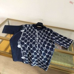 グッチ ジオメトリック格子柄 切替 ニット半袖Tシャツ ネイビー メンズ レディース