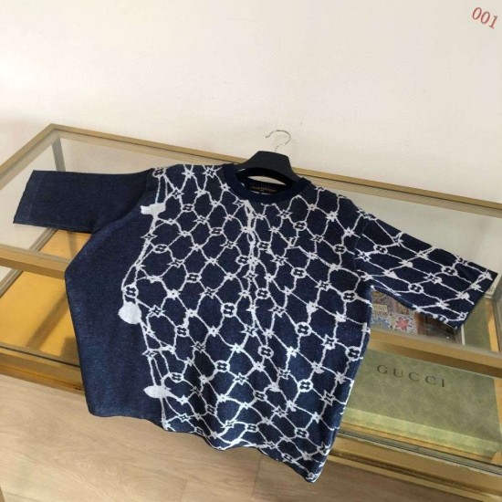 グッチ ジオメトリック格子柄 切替 ニット半袖Tシャツ ネイビー メンズ レディース