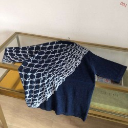 グッチ ジオメトリック格子柄 切替 ニット半袖Tシャツ ネイビー メンズ レディース