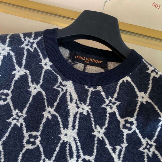 グッチ ジオメトリック格子柄 切替 ニット半袖Tシャツ ネイビー メンズ レディース
