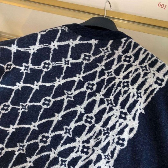 グッチ ジオメトリック格子柄 切替 ニット半袖Tシャツ ネイビー メンズ レディース