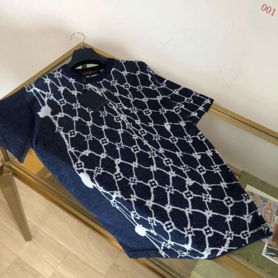 グッチ ジオメトリック格子柄 切替 ニット半袖Tシャツ ネイビー メンズ レディース