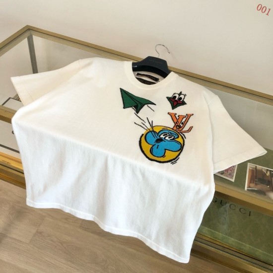 ルイ・ヴィトン Monogram Comics 漫画キャラクター 嵌花ニット半袖Tシャツ 白 メンズ レディース