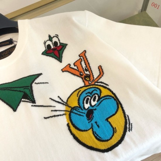 ルイ・ヴィトン Monogram Comics 漫画キャラクター 嵌花ニット半袖Tシャツ 白 メンズ レディース