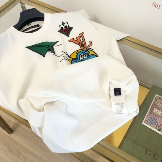 ルイ・ヴィトン Monogram Comics 漫画キャラクター 嵌花ニット半袖Tシャツ 白 メンズ レディース